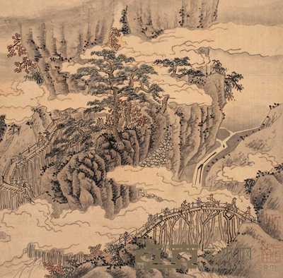 沈周（款） 秋山行旅 镜心 32×33cm